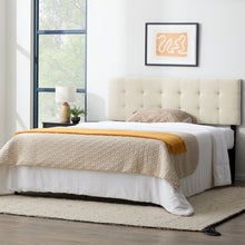 Load image into Gallery viewer, Front and side view of Ivory Davis Upholstered Headboard with bed