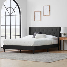 Load image into Gallery viewer, Front and side view of Charcoal Drake Platform bed with a white bed
