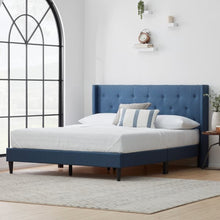 Load image into Gallery viewer, Front and side view of Cobalt Drake Platform bed with a white bed 
