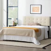 Load image into Gallery viewer, Front and side view of Ivory Davis Upholstered Headboard with bed

